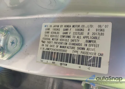 2008 Honda Accord 2.4 Lx-P из США, поврежденный, VIN JHMCP26428C005692